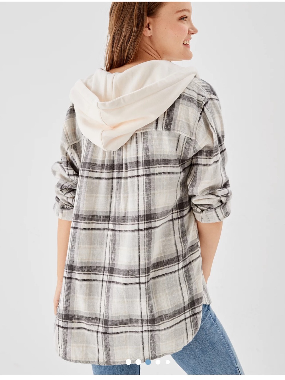 AE Medium Oversized Hoodie Flannel Button-Front Shirt Jacket Cream & Gray